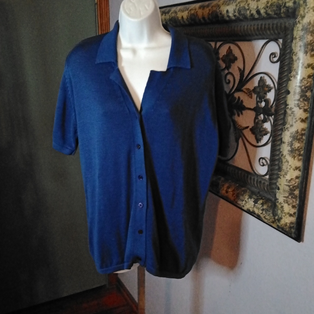 CHARTER CLUB Lovely Blue Button Up Short Sleeve Sweater Sz L